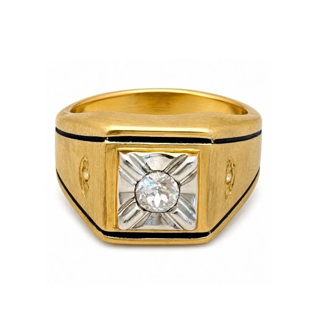 Vintage 1970s Ring Size 10 Uncas CZ Square Bezel Textured Gold Plated - 14O